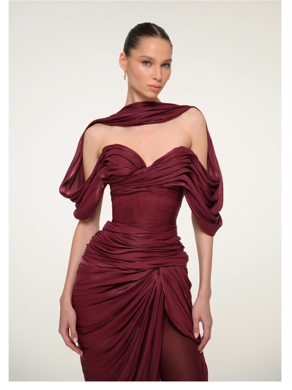 Valdrin Sahiti Burgundy Draped Off-Shoulder Evening Gown - Picture 5 of 10